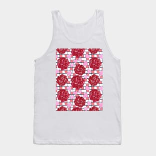 Red Roses, Hearts on Plaid Pattern Tank Top